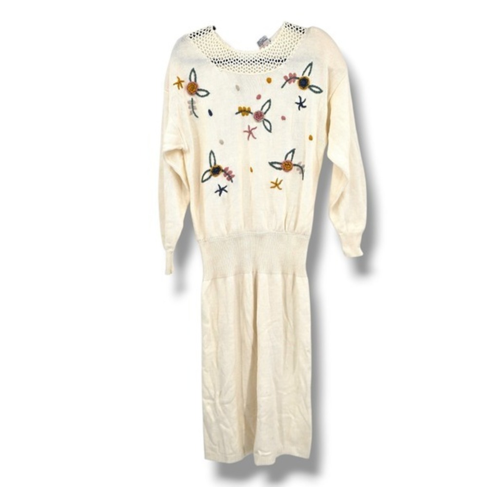Darian Cream Knit Sweater Dress Floral Embroidered Crochet Neck Size Large‎